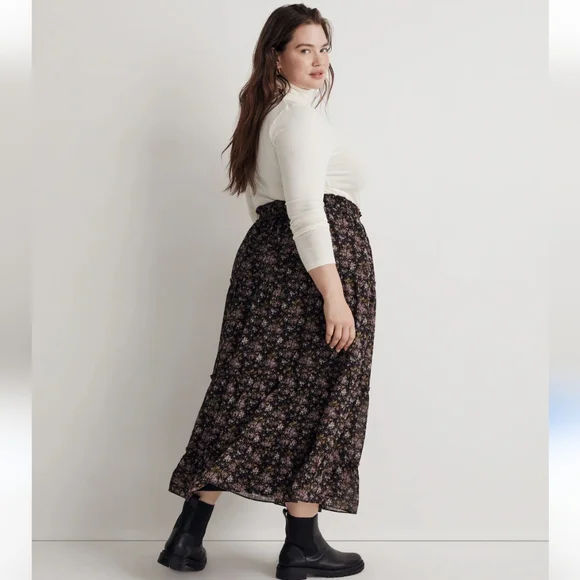 Madewell Georgette Crinkle Black Maxi Skirt Size 2X Blurred Blooms Plus - Picture 3 of 8
